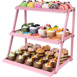 WWN Thickened metal 3 Tier Cupcake Stand with Pink Coating - Elegant Dessert Tower- Cookie Tray Rack- Tea Party Serving Platter- Easy Assembly Pink Cake Stand for Wedding Baby Shower