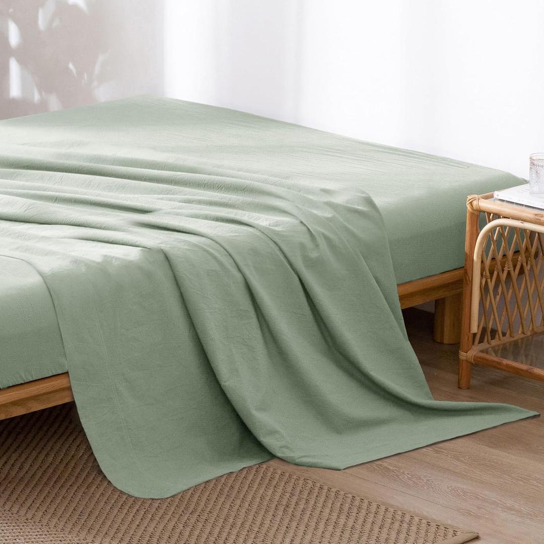 MooMee Flat Top Sheet Only 100% Washed Cotton Linen Like Textured Breathable Durable Soft Comfy (Sage Green, Queen)