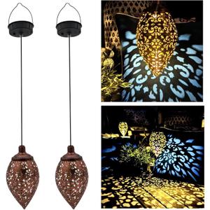 Solar Outdoor Lanterns - Hanging Lights, Set of 2 Moroccan Style Garden Party Decorative Rechargeable Lantern, Hurricane Lamps are Great for Front Porch, Patio and Yard