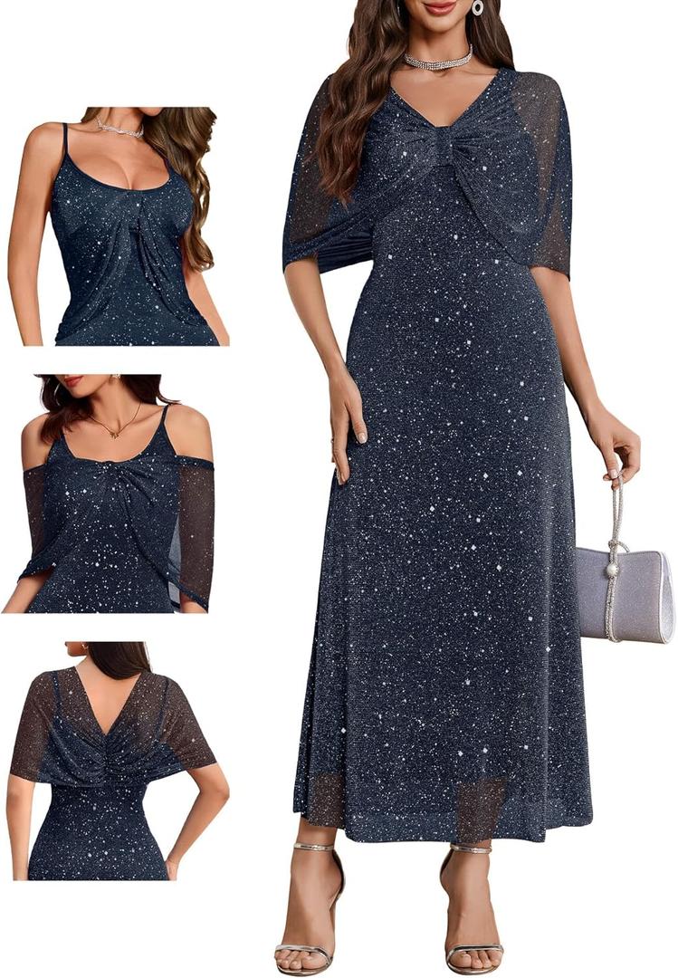 BeryLove Sequin Formal Cocktail Long Dress Evening Wedding Guest Mother of The Bride Dresses with Shawl (Small, Navy)