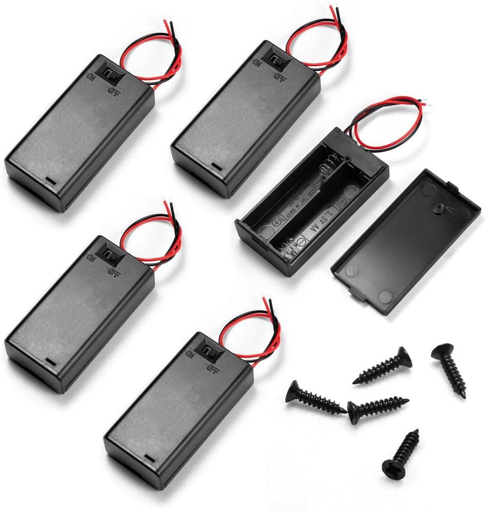 5Pcs 2 AA Battery Holder with Switch, 2X 1.5V AA Battery Holder Case with Wire Leads and ON/Off Switch(5 Pack)