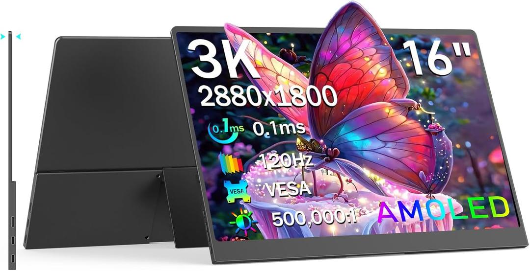OLED Portable Monitor 16", 3K 2880x1800 120Hz 0.1ms USB-C HDMI Portable Monitor with 120% DCI-P3 Built-in Kickstand & Speakers for Laptop Windows Mac Phone Switch PS5, Black