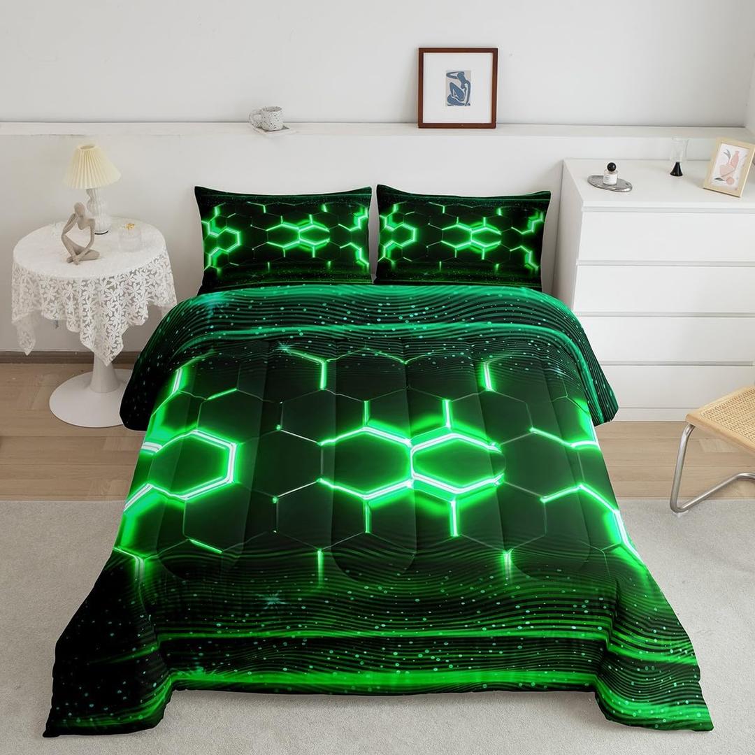 Feelyou Honeycomb Comforter Set Twin Size, Ombre Theme Bedding Sets Boys Teen Green Glitter Comforter Geometric Abstract Modern Quilt Set with 1 Pillow Case (Multi 06)