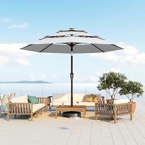 Patio Kingdom 10FT Patio Umbrella 3 Tiers Outdoor Market Umbrella w/ Push Button Tilt, Crank, UV and Waterproof Table Umbrella for Garden, Pool, Backyard, Deck, Lawn, Light Gray