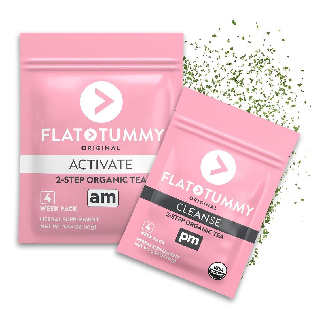 Flat Tummy Tea 2-step, 4 Week Program Detox Tea to Boost Energy & Reduce Bloating* - All Natural Detox Cleanse w/ Green Tea, Lemon Balm, Dandelion, Fennel, & More - Digestion support (EXP 08/31/26)