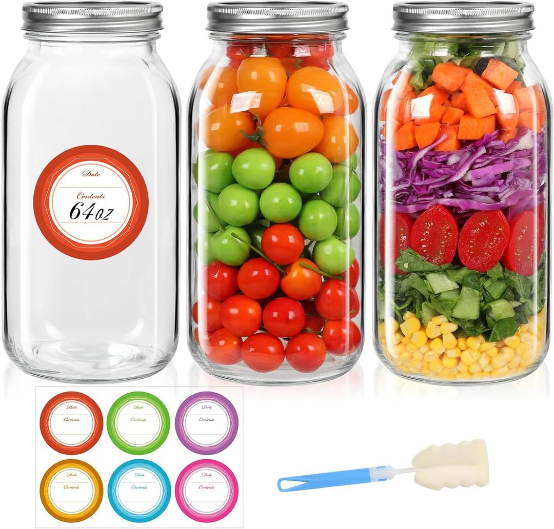 Mcupper 2 Pack Wide Mouth Mason Jars 64 oz, Half Gallon Mason Jars, Large Canning Jars with Lids and Bands for Canning & Storing, Labels & Brusher Included