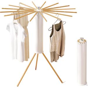 Foldable Tripod Clothes Drying Rack,Beechwood & Portable Laundry Stand, Space-Saving Collapsible Hanger with 16 Arms for Indoor & Outdoor Drying Easy Setup, Stable Base, Fast Air-Drying Design, Tripod-16 Wooden poles