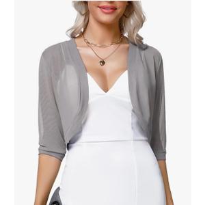 Aiboria Women 3/4 Sleeve Sheer Shrugs Open Front Mesh Bolero Cropped Cardigan Size M