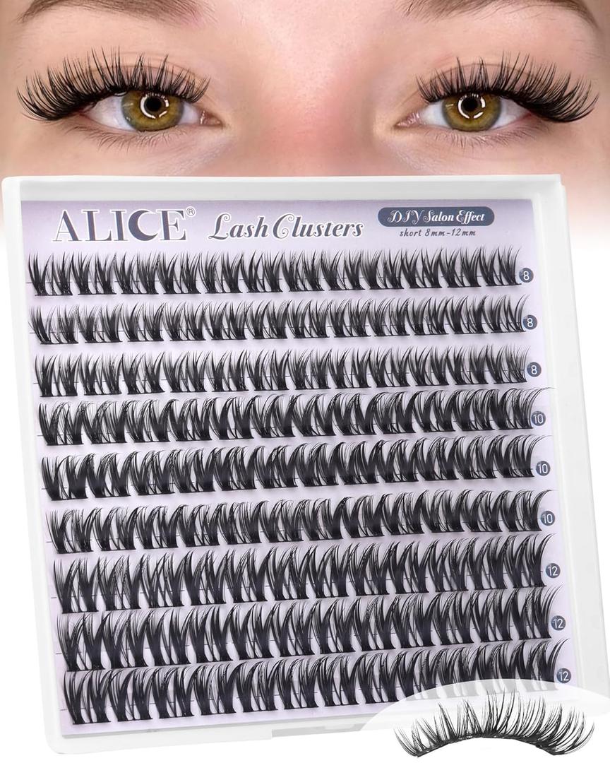 ALICE Short Lash Clusters 8-12mm Wispy Volume Eyelash Extensions Natural Thin Band Eyelash Clusters Individual Lashes DIY Lash Extensions
