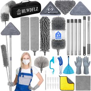 Microfiber Duster Kit 27pcs with 30 to 100 Inches Extension Pole and Wall Cleaner Mop, Washable and Bendable Feather Duster for Cleaning Ceiling Fans, High Ceilings, Cobwebs, Blinds, Grey (Gray)