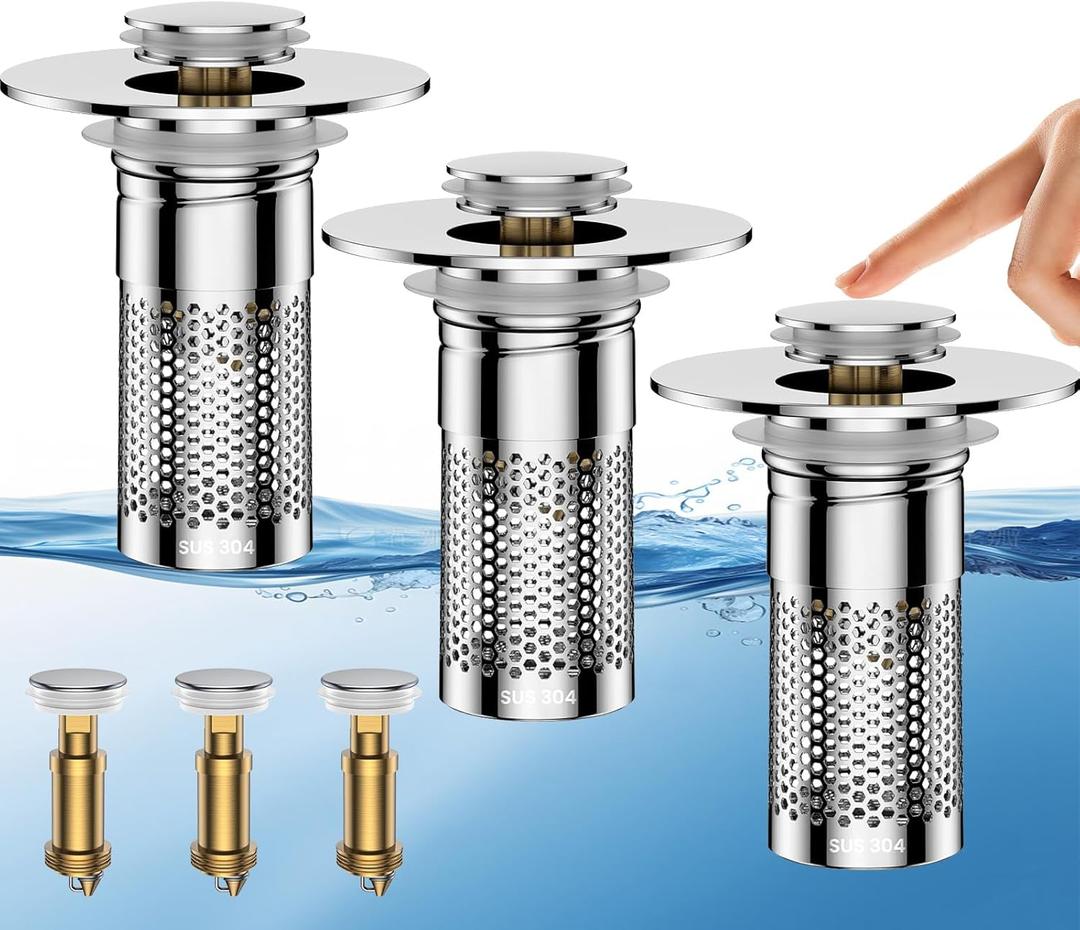 Bathroom Sink Drain Strainer,Universal Pop-Up Sink Stopper Hair Catcher, Anti-Clog Stainless Steel Drain Filter Basket, Removable Sink Drain for Bathroom Sink Stopper (Silver-3pack)