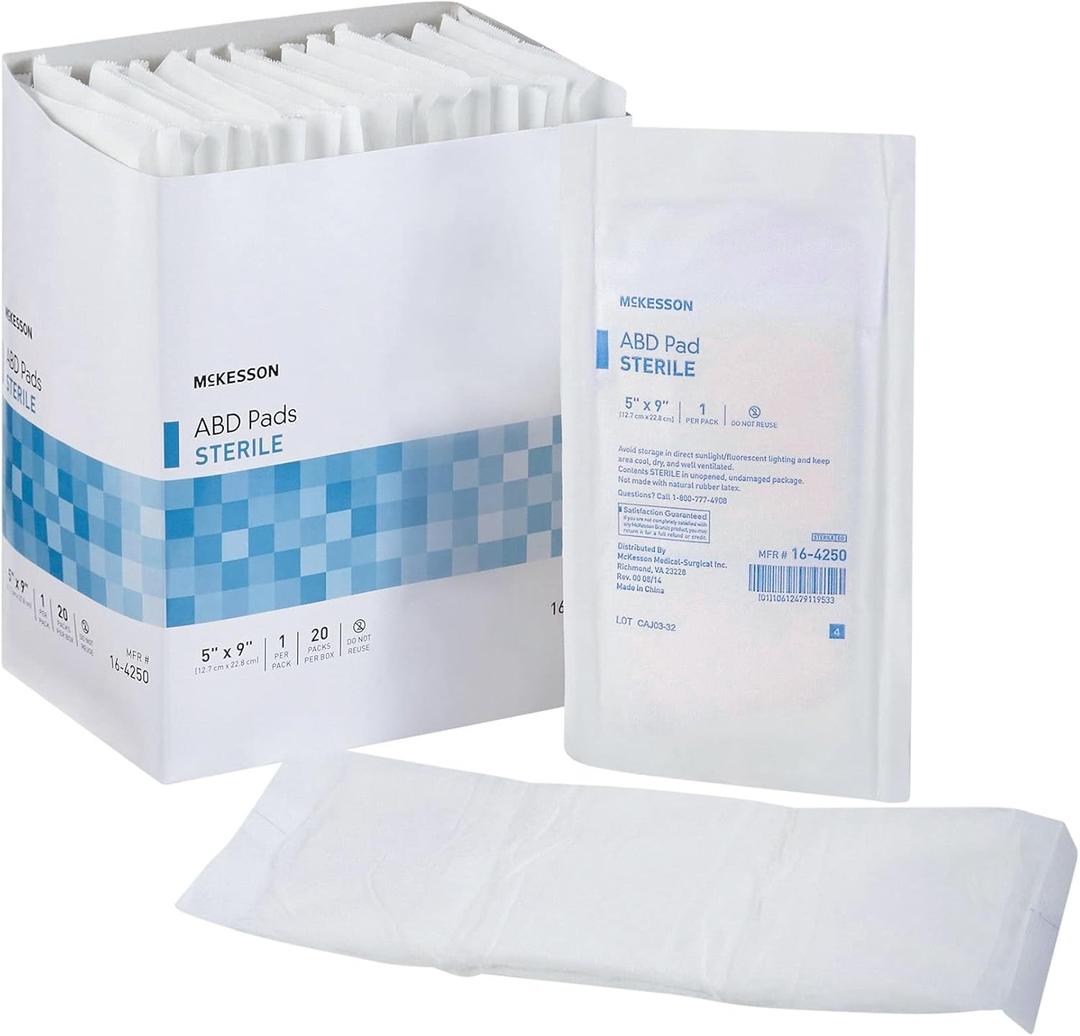 McKesson Sterile Abdominal Pads 5 x 9 in [20 Count] - Absorbent ABD Pads for Wound Care, Nonwoven Cellulose, Nonstick Gauze Dressing for Drainage and Post-Op Use