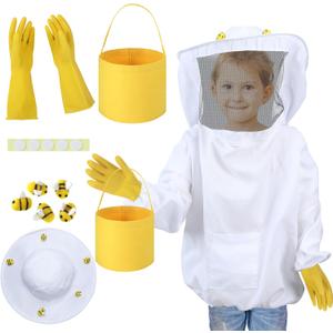 Jiuguva 13 Pcs Beekeeper Set Includes 1 Beekeeper Jacket 5 Pcs Wool Felt Bees 5 Pcs Round Double Sided Tape 1 Beekeeping Gloves 1 Felt Bucket for Children Beekeeping Supplies Halloween (Medium)