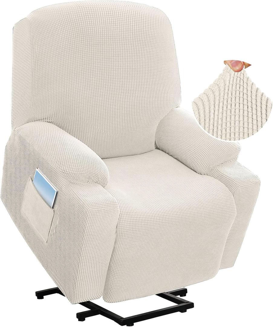 H.VERSAILTEX Stretch Couch Cover Recliner Cover Electric Power Lift Recliner Chair Cover Fitted Standard Large Power Lift Recliner with Side Pocket, Soft Thick Jacquard(Single Seat, Ivory)