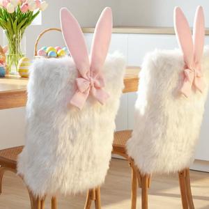 Suncalla 4 Pcs Easter Faux Fur Bunny Chair Covers Cute Rabbit Ear Removable Seat Covers Spring Chair Slipcovers for Easter Dinning Kitchen Bunny Birthday Party Decor