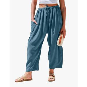 TARSE Women's Linen Wide Leg Pants Casual Loose Drawstring Summer Beach Travel Vacation Palazzo Harem Pants with Pockets. M