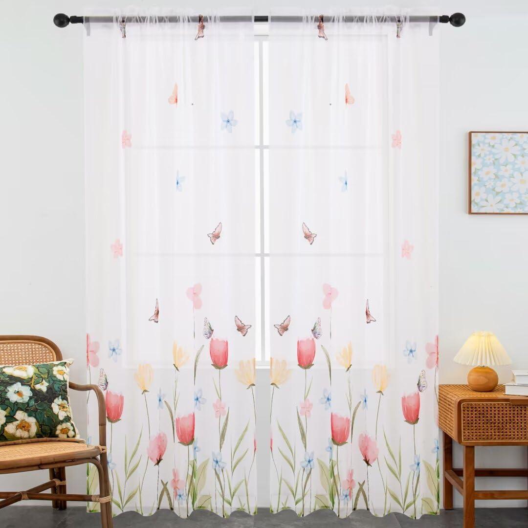 youleyar Floral Sheer Curtains for Living Room 72 Inches Long 2 Panels White Semi-Sheer Curtain with Flower/Butterfly Printed Pattern Summer/Spring Rod Pocket Voile Drapes for Bedroom, W52 x L72