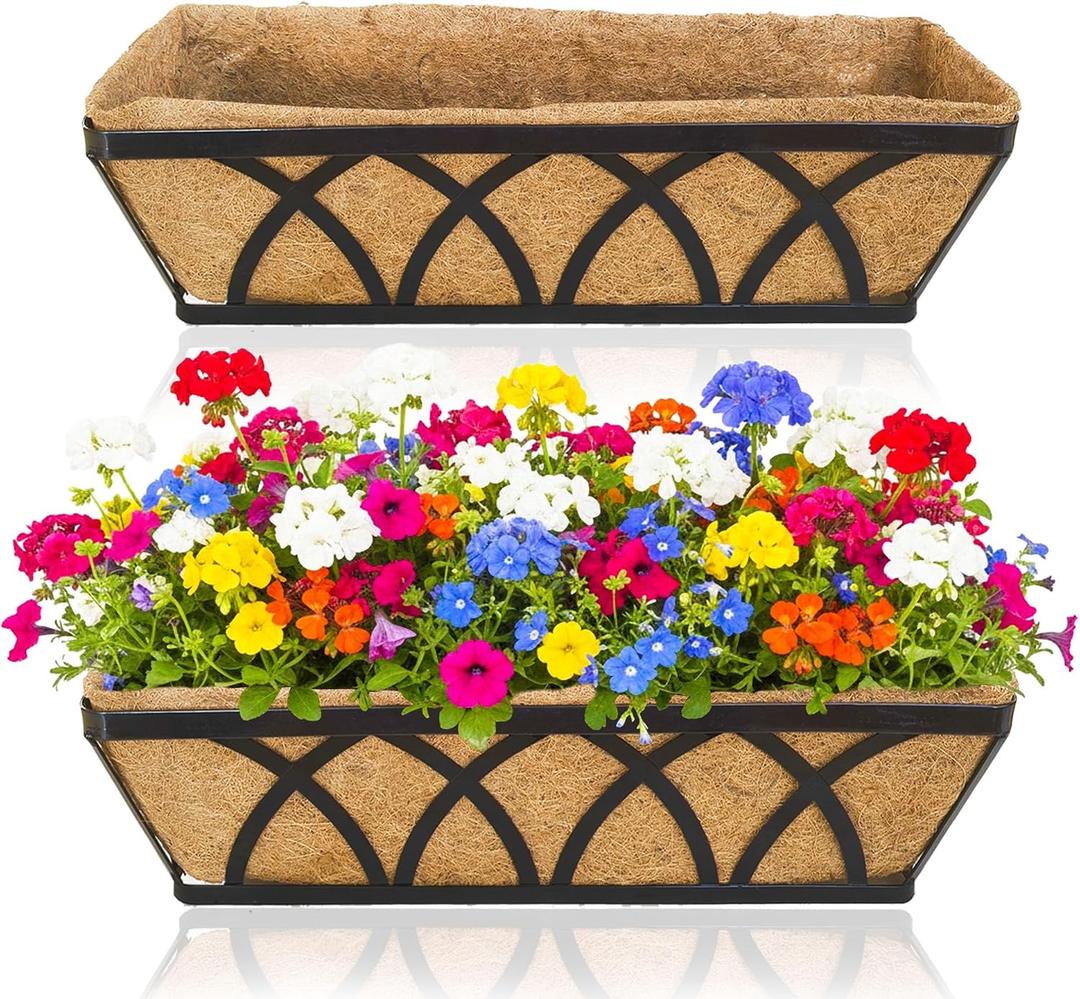 2 Pack 30 Inch Window Box Deck Railing Planter with Coco Liner Fence Balcony Patio Long Window Flower Box Deck Railings Hanging Horse Trough Balcony Garden Rail for Outdoor Garden Fence Lawn