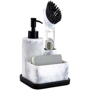ZCCZ White Soap Dispenser with Sponge Holder, Kitchen Soap Dispenser Pump, Sponge Caddy and Brush Holder 3 in 1 Set Organizer for Sink Countertop, Removable Tray, Marble Look (Brush NOT Included)