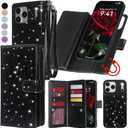 Varikke for iPhone 17 Pro Max Wallet Case Detachable with RFID Blocking Card Holder for Women, Glitter PU Leather Strap Magnetic Flip Removable Phone Case Cover for iPhone 17 Pro Max 6.9", Black