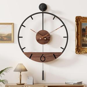 30.720 Inch Large Modern Decorative Pendulum Wall Clock,Big Metal Farmhouse Oversized Silent Wall Clocks Minimalist Elegant Walnut Dial Pointers for Living Room,Office,Dining Room Decor (Black)