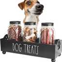Dog Treat Container, Pet Treat Holder with Glass Jars, Farmhouse Dog Food Storage Organizer, Airtight Dog Treat Bin, Cat Dog Biscuit Dispenser, Pet Accessories (Black - 3 Glass Jars)
