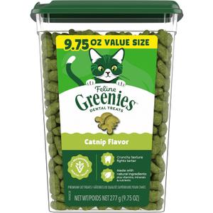 Greenies Cat Treats, Feline Veterinarian-Recommended Adult Natural Dental Treats, Catnip Flavor, 9.75 oz. Tub (EXP 09/01/27)