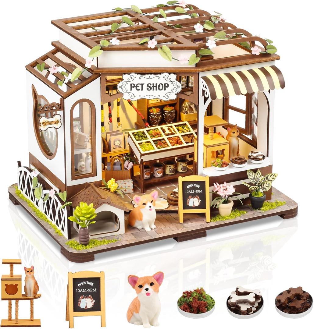 DIY Miniature House Kit,Pet Shop Dollhouse Miniature Kit with LED & Furniture,Mini Diorama House Building Kit for Adults Teens,3D Wooden Crafts Tiny House Mini Model Kit,Home Decor Birthday Gifts