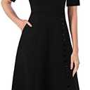VFSHOW Women Pleated Notch V Neck Pockets Buttons Work Office Business A-Line Midi Dress XS