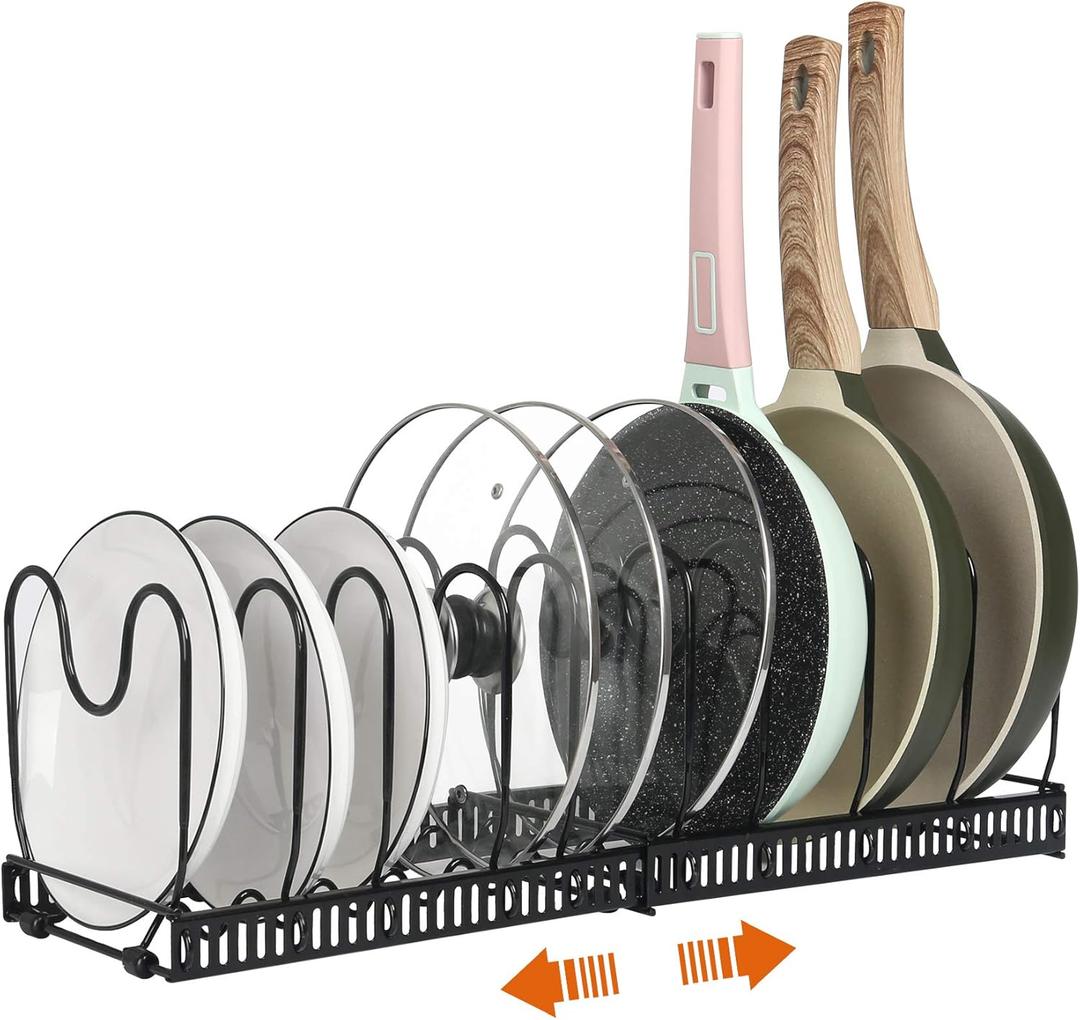 ROOHUA Pot Rack -Expandable Pan Organizer for Cabinet, Lid Holder with 10 Adjustable Compartment for Kitchen Cabinet Cookware Baking Frying Rack (Black)