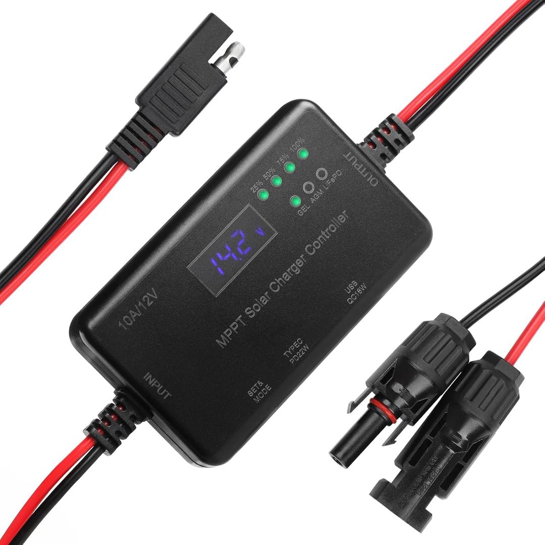 MPPT Solar Charge Controller, 12V 10A Solar Panel Regulator with USB and Type-C outports Solar Regulator Compatible with Gel AGM LiFePO4 Battery