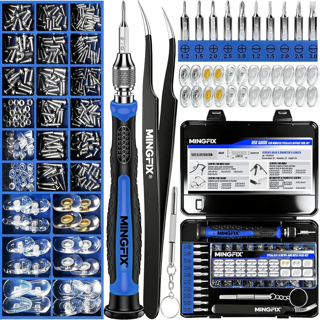 Eyeglass Sunglass Repair Kit,MINGFIX Magnetic Eye Glasses Repairing Tool Kit with Assorted Screws,Nose Pads,Small Screwdriver Bit Set & Tweezer with Mini Travel Case for Glasses,Sunglasses and Others