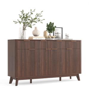 IDEALHOUSE 60" Large Farmhouse Sideboard Buffet Cabinet with Storage Drawers & Adjustable Shelves, Wood Fluted Buffet Storage Cabinet & Coffee Bar Console Table for Living Room & Kitchen Dining Room