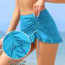 SHEKINI Women's High Waisted Swim Skirt Drawstring Ruched Bathing Suit Bottoms with Built-in Brief (Blue, XL)