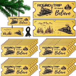 24 Pcs Christmas Polar Express Ticket Ornaments 4.35'' x 1.8'' North Pole Believe Golden Train Tickets Decorations Bulk Wooden Christmas Tree Hanging Decor Holiday Party Gifts Favors
