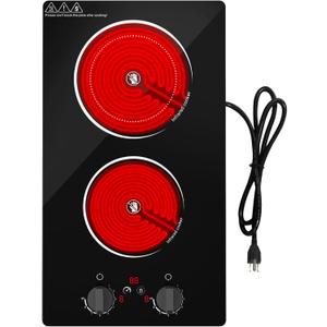 Electric Cooktop,110V 2100W Stove top,Countertop and Built-in 2 burner cooktop,9-speed power, child safety lock, timer, knob and touch control 2 burner Electric cooktop