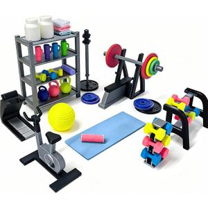 Miniature Gym Equipment Set, Plastic Mini House Fitness Accessories, Miniature Workout Room with Treadmill Exercise Bike Dumbbells for Miniature House Micro Landscape Decor