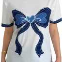 RoseSeek Women's Graphic Cherry Bow Tees Casual Letter Print Round Neck T Shirt Summer Short Sleeve Trendy Tops (White, S)