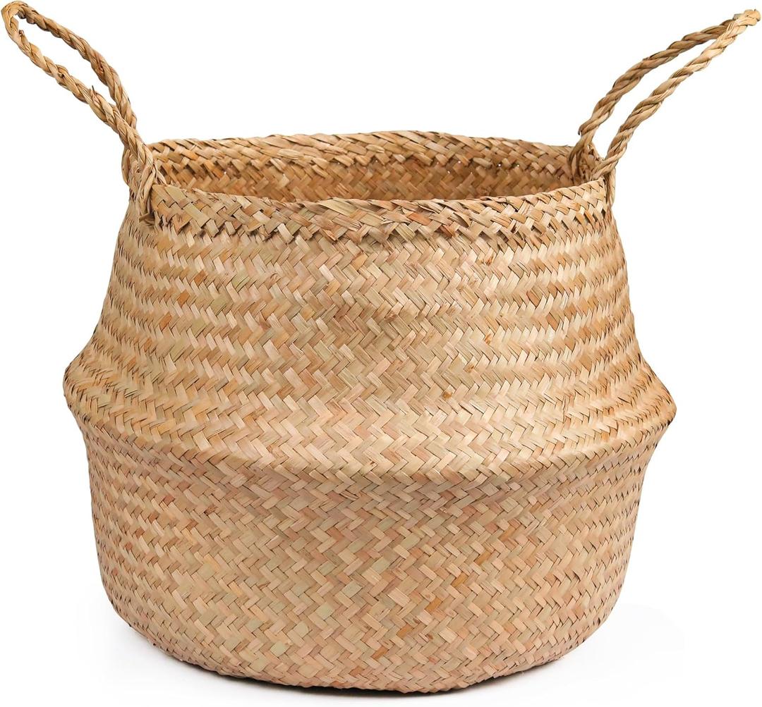 Seagrass Plant Basket, Wicker Woven Laundry Basket, Large Wicker Plant Baskets, Seagrass Baskets Planter for Plants Indoor(Unfolded Size 15.75" Diameter x 13.39" Height) (Medium)