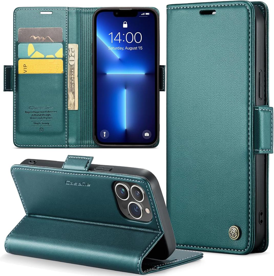 for iPhone 13 Pro Case, Premium PU Leather Wallet Case Flip Cover with [RFID Blocking][Card Holder][Stand Function] Shockproof Protective for iPhone 13 Pro 6.1 inch, Blue-Green