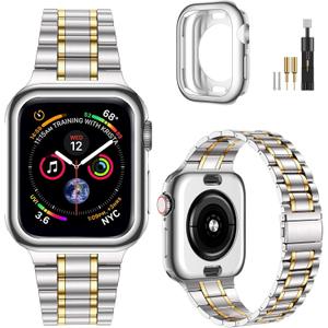 MioHHR Solid Stainless Steel Band Compatible with Apple Watch 42mm (Series 11 10), Metal Strap with Soft TPU Case for iWatch Series 11/10 42mm Women and Men, Silver/Gold