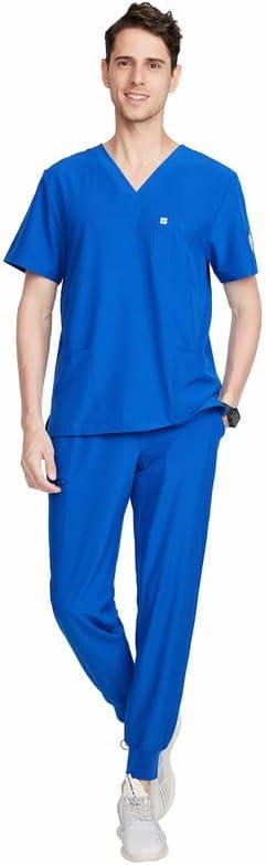 Uniforms World Louis Scrubs Set for Men Classic V-Neck Stretch Top & Jogger Pants Yoga Waistband, 8 Pockets (L)