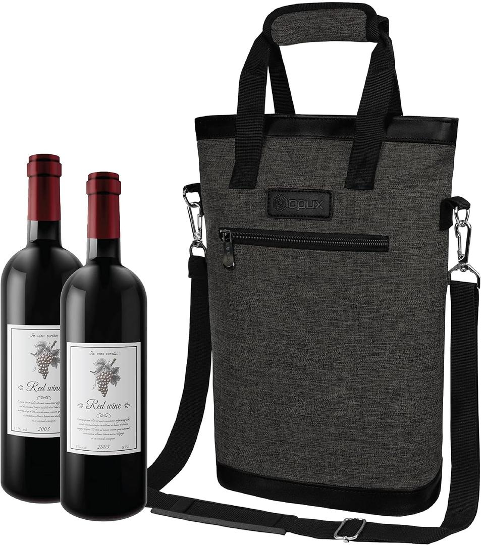 opux Two Bottle Wine Bag Carrier Tote, Insulated Leakproof 2 Bottle Wine Cooler Bag for Travel BYOB Picnic, Portable Wine Case, Gift for Men Women Wine Lover Birthday Party Christmas, Charcoal Gray