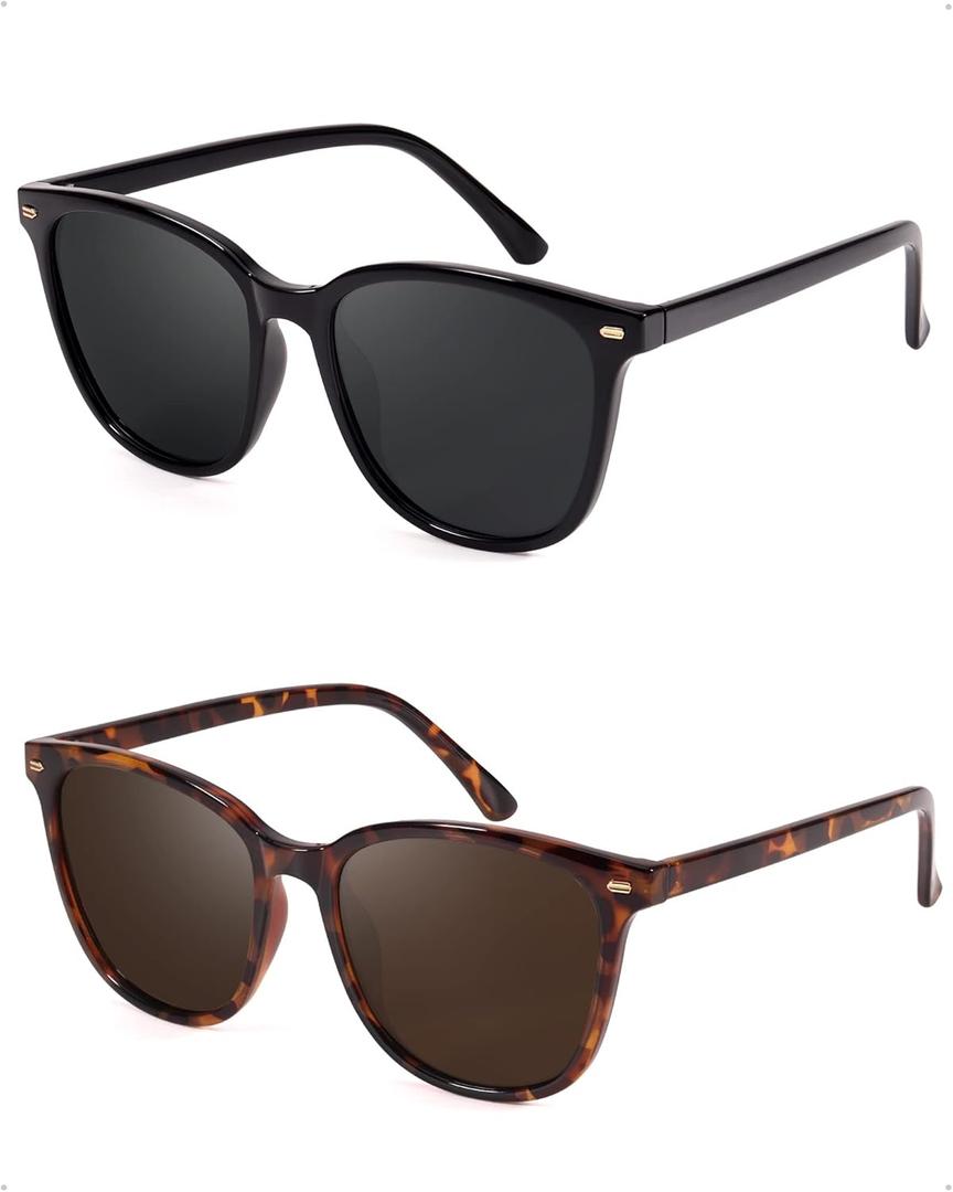 FIMILU 2 Packs Sunglasses for Women Polarized UV400 Protection Lens Big Frame Fashion Glasses Trendy Stylish Shade (A01(2 Pack)black Frame/Grey Lens+tortoise Frame/Brown Lens)