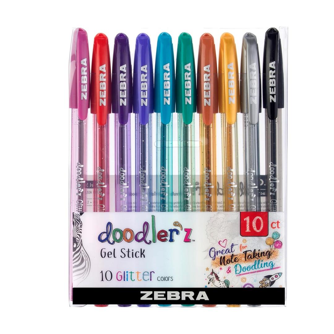 Zebra Pen Doodlerz Gel Stick Pen, Bold Point, 1.0mm, Assorted Glitter Colors, 10 Pack
