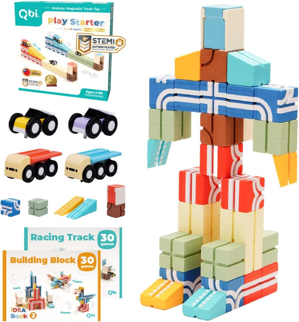 QBI Magnetic Blocks Play Starter Set4-in-1 STEM Building Blocks with 4 Cars & 3D Track TilesEducational Sensory Magnet ToysPreschool Montessori Toys for Kids Ages 3-5-8 Year Old Boys and Girls