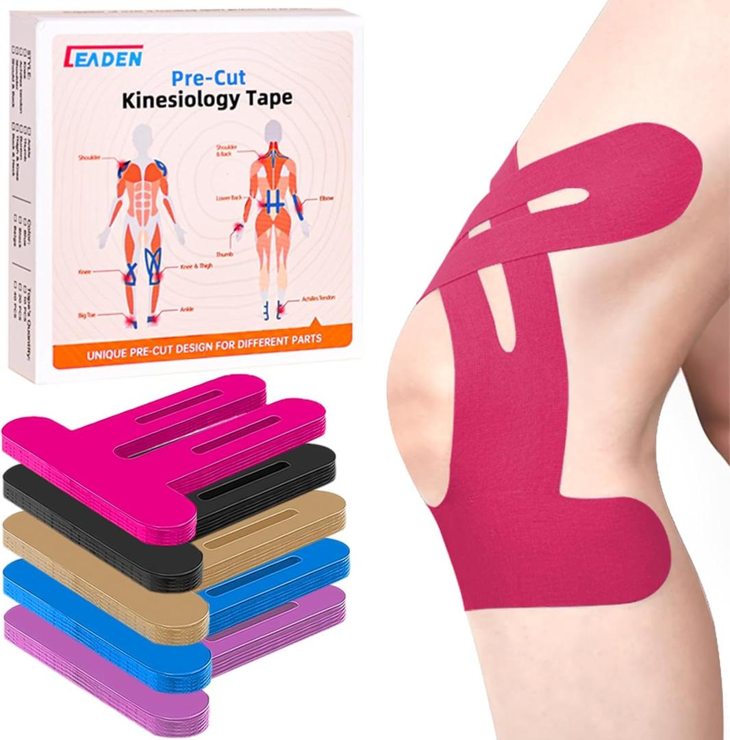 IEADEN Precut Kinesiology Tape for Knees, 10 Pcs - Knee Support & Stability, Knee Pain Relief Athletic Tape - Waterproof & Elastic, Hypoallergenic Latex-Free Tape, Pink