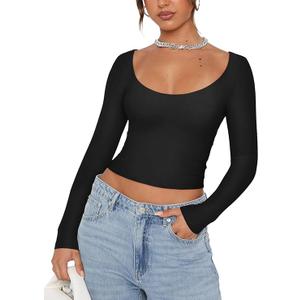 REORIA Women's Scoop Neck Long Sleeve Crop Tops Double Lined Going Out Y2K Trendy Fitted Navel Tees Black Medium