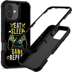 Compatible with iPhone 16 Case Cool Eat Sleep Game Repeat Design for Boys Kids Teens, 3-Layer Rugged Shockproof Anti-Slip Hard Bumper Silicone Rubber Heavy Duty Protection Cover