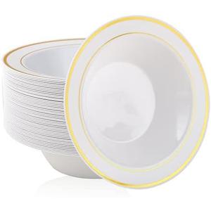 JOLLY PARTY 50PCS Plastic Bowls with Gold Rim-12oz disposable Soup Bowls, Christmas Thanksgiving Premium Dessert Salad Bowl for Wedding/Party